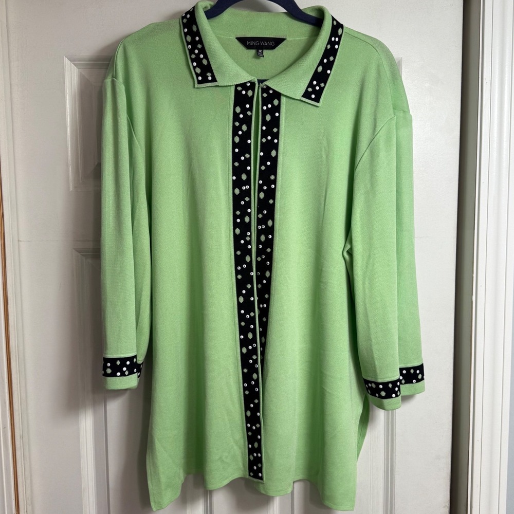 Ming Wang Lime Green Knit 3/4 Sleeve Cardigan Tunic Polka Dot Sequin 1X